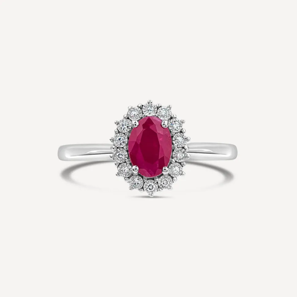 9ct White Gold Ruby & 0.05ct Cluster Diamond Ring