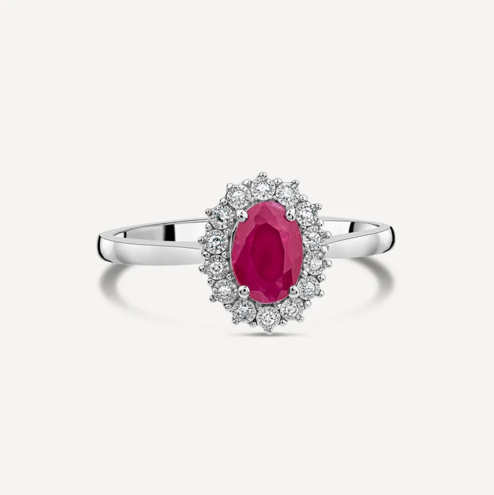 9ct White Gold Ruby & 0.05ct Cluster Diamond Ring