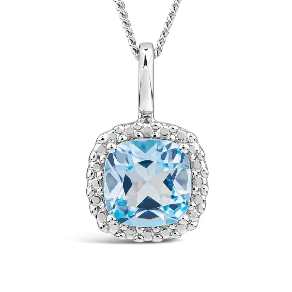 9ct White Gold Sky Blue Topaz Cushion Pendant