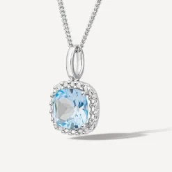 9ct White Gold Sky Blue Topaz Cushion Pendant