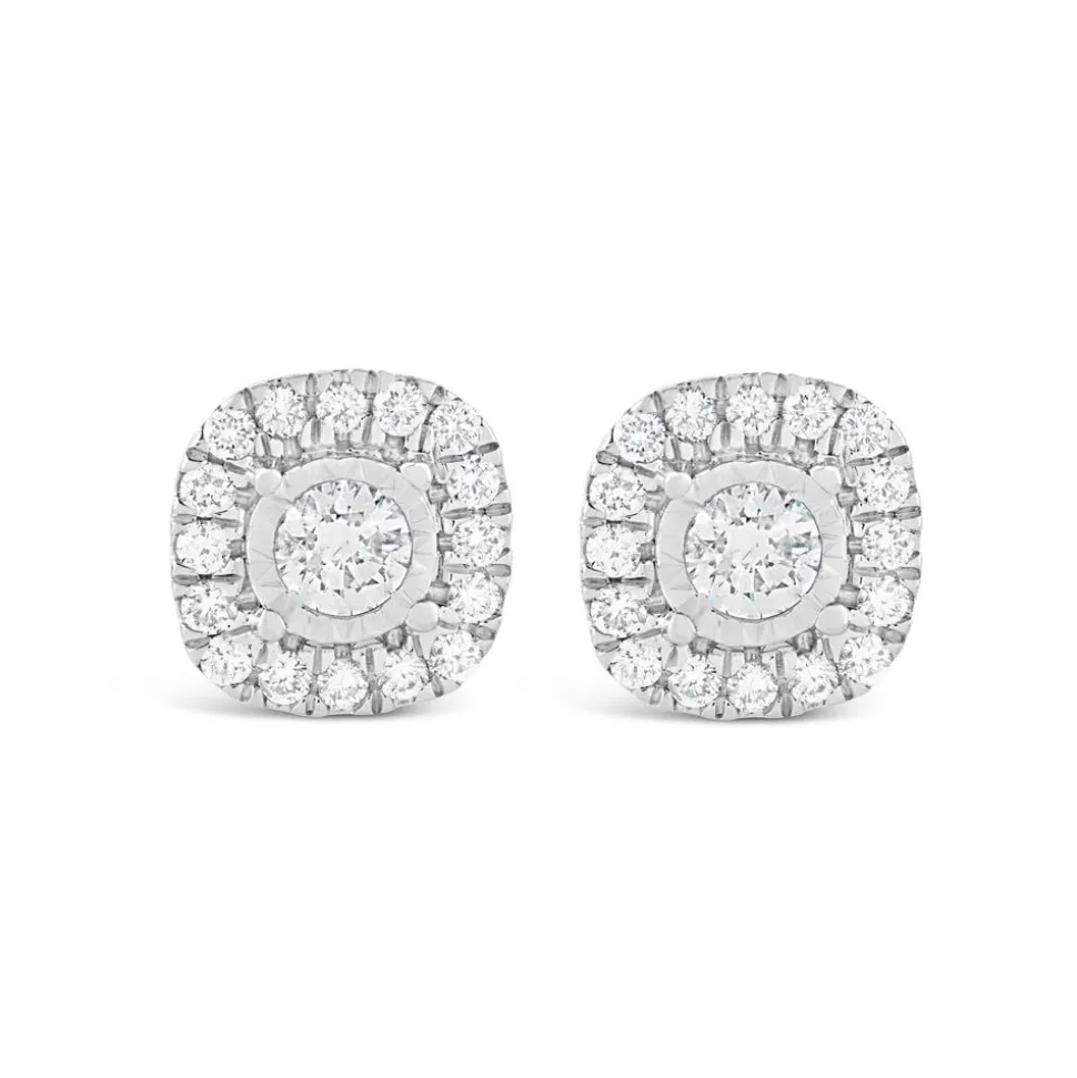 9ct White Gold Square 0.16ct Diamond Set Illusion Halo Stud Earrings