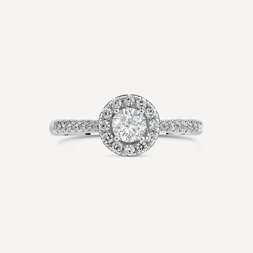 18ct White Gold Tulip Setting Halo Stone Shoulders 0.50 Carat Diamond Ring