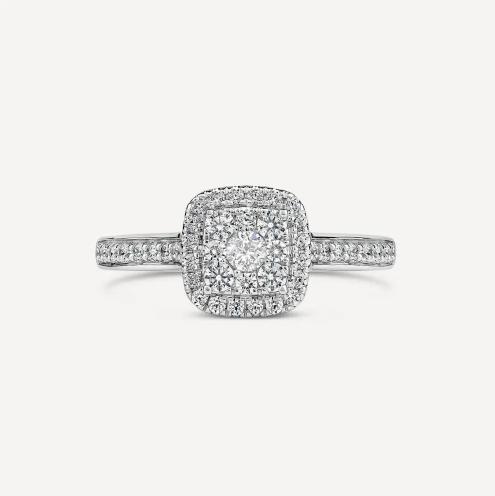 18ct White Gold Tulip Setting Diamond Square Halo Stone Shoulders 0.50 Carat Diamond Ring