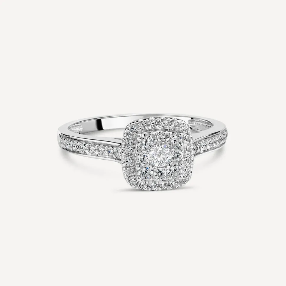 18ct White Gold Tulip Setting Diamond Square Halo Stone Shoulders 0.50 Carat Diamond Ring