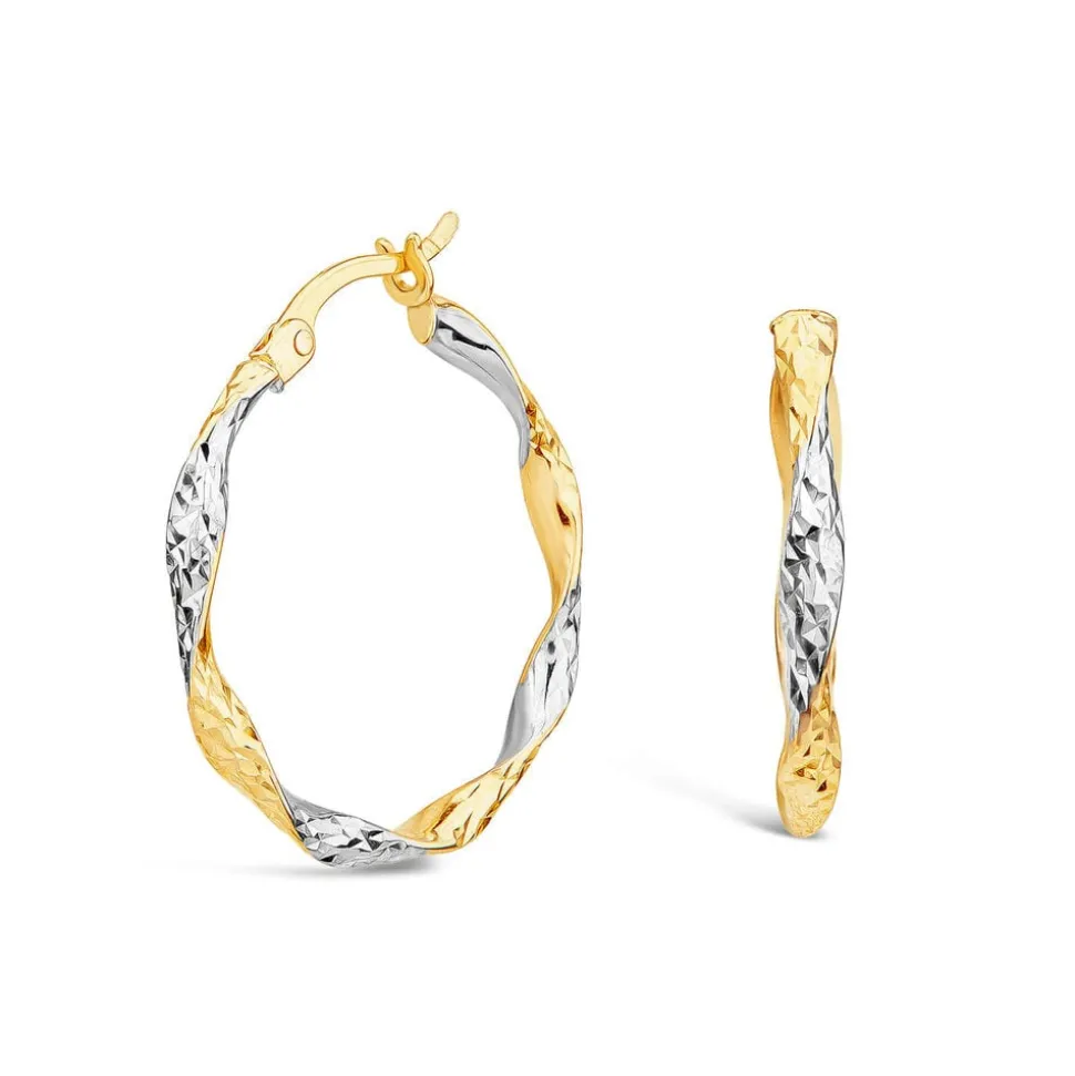 9ct Yellow & White Gold 20mm Diamond Cut Twist Hoop Earrings
