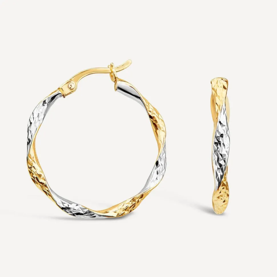 9ct Yellow & White Gold 20mm Diamond Cut Twist Hoop Earrings