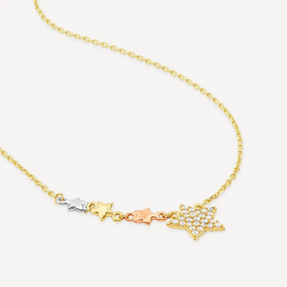 9ct Yellow & White Gold Pave Cubic Zirconia Star Trail Necklet
