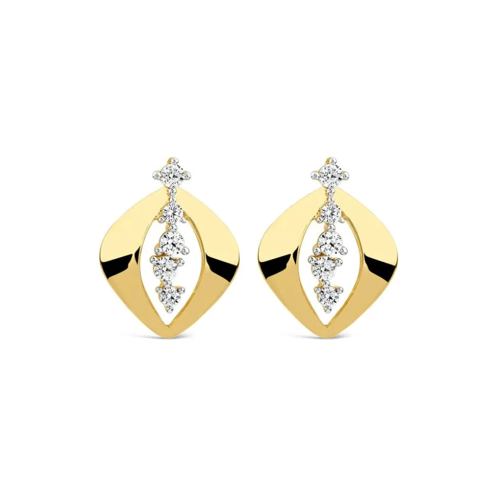 9ct Yellow Gold 5 Cubic Zirconia Stones Set in Open Oblong Shaped Stud Earring