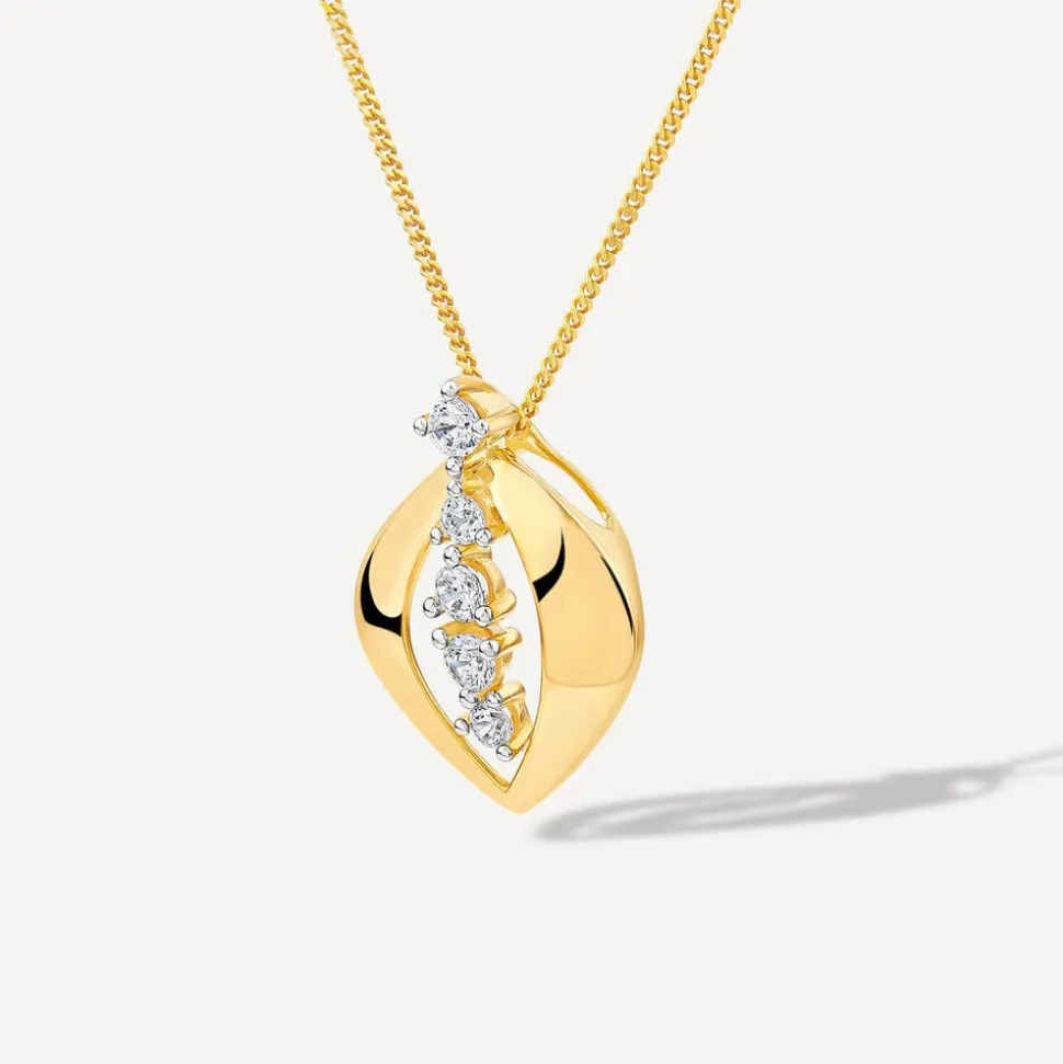 9ct Yellow Gold 5 Cubic Zirconia Stones Set in Open Oblong Shaped Pendant