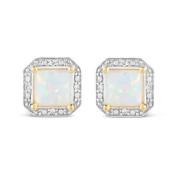 9ct Yellow Gold 0.02ct Diamond Frame Opal Earrings