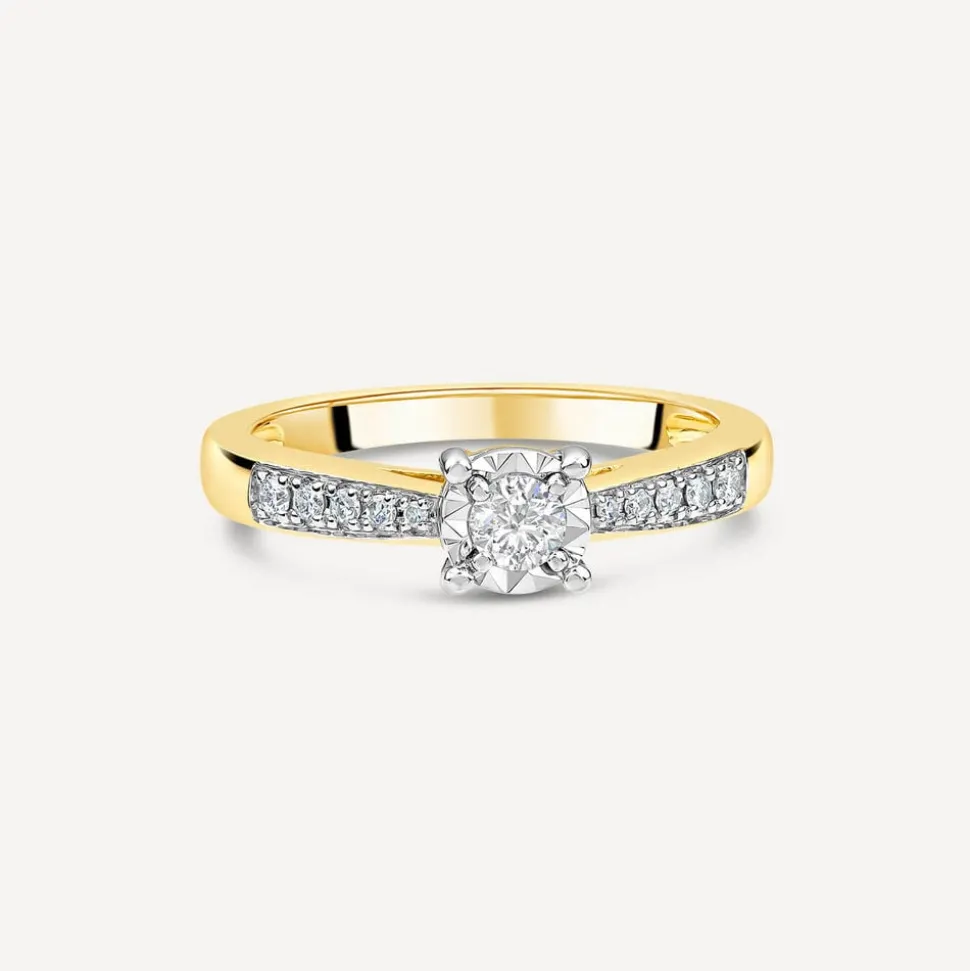 9ct Yellow Gold 0.17ct Diamond Illusion Solitaire Shoulders Ring