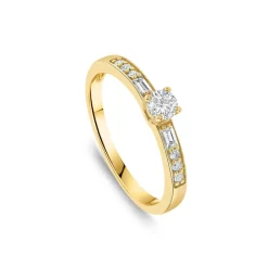 18ct Yellow Gold 0.37ct Solitaire & Baguette Shoulders Diamond Engagement Ring