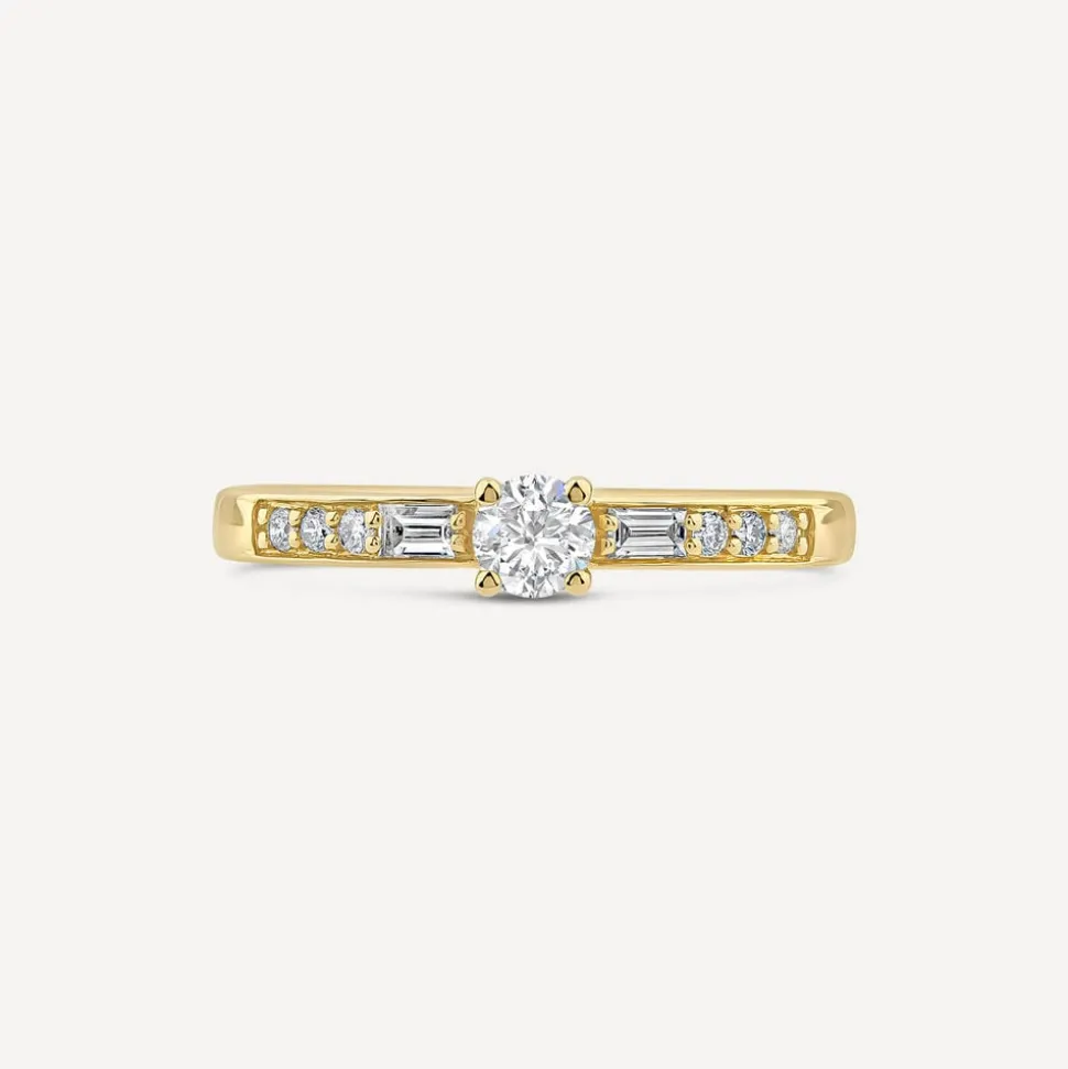 18ct Yellow Gold 0.37ct Solitaire & Baguette Shoulders Diamond Engagement Ring