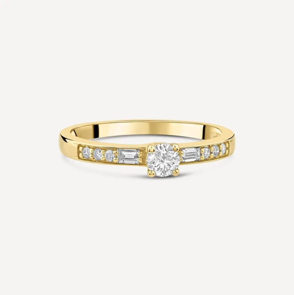18ct Yellow Gold 0.37ct Solitaire & Baguette Shoulders Diamond Engagement Ring