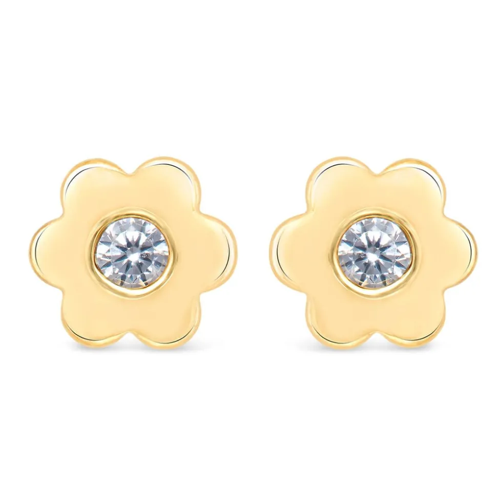 9ct Yellow Gold Cubic Zirconia Set Simple Flower Kids Stud Earrings