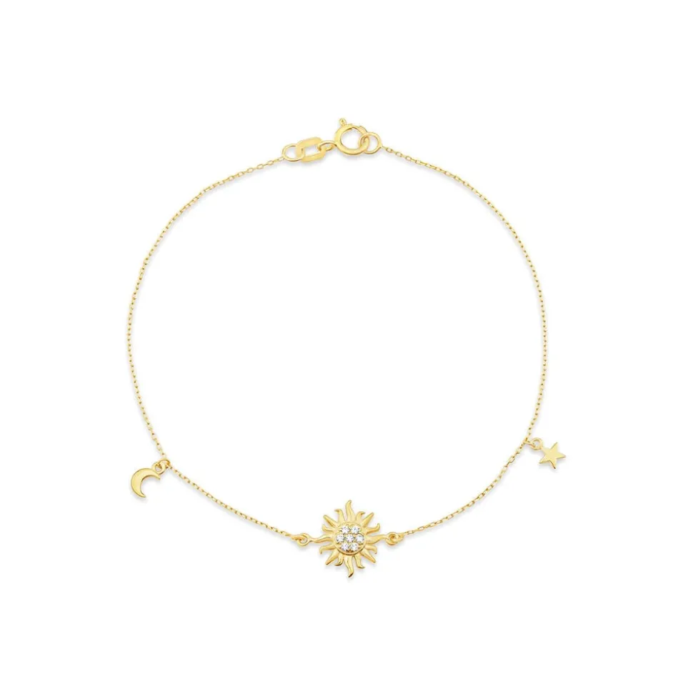 9ct Yellow Gold Cubic Zirconia Sun & Moon & Star Chain Bracelet