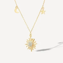 9ct Yellow Gold Cubic Zirconia Sun & Moon & Star Drop Pendant