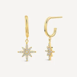 9ct Yellow Gold Cubic Zirconia Set North Star Hoop Earrings