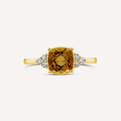 9ct Yellow Gold Cushion Citrine & 0.13ct Diamond Trefoil Sides Ring