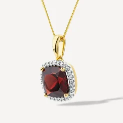 9ct Yellow Gold Cushion Garnet & 0.15ct Diamond Pendant