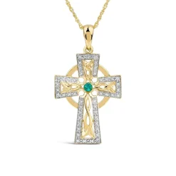 14ct Yellow Gold Diamond & Emerald Celtic Cross Pendant