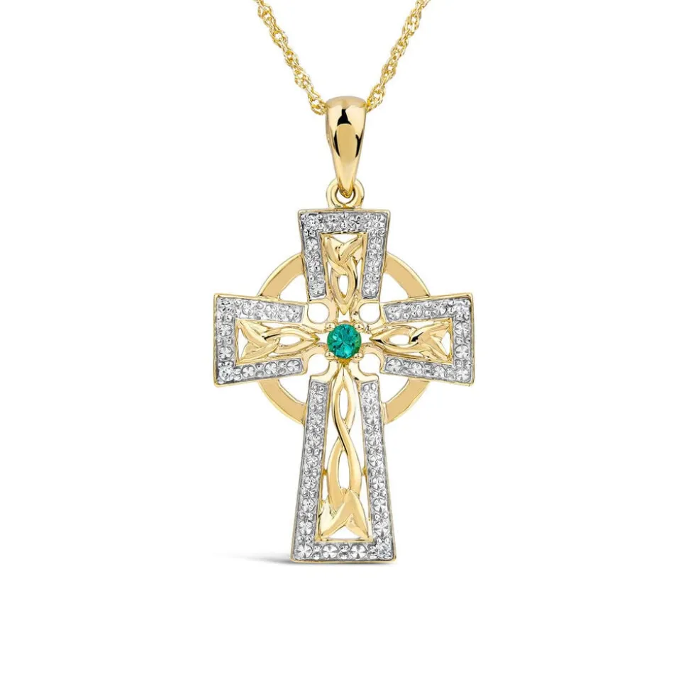 14ct Yellow Gold Diamond & Emerald Celtic Cross Pendant