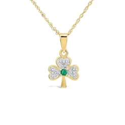 14ct Yellow Gold Diamond & Emerald Shamrock Pendant