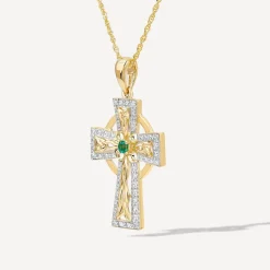 14ct Yellow Gold Diamond & Emerald Celtic Cross Pendant