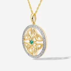 14ct Yellow Gold Diamond & Emerald Trinity Knot Pendant