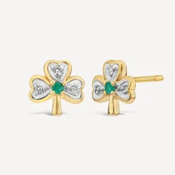 14ct Yellow Gold Diamond & Emerald Shamrock Stud Earrings