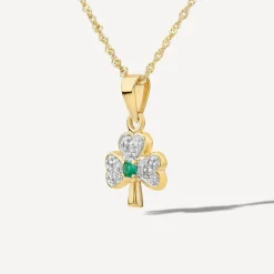 14ct Yellow Gold Diamond & Emerald Shamrock Pendant
