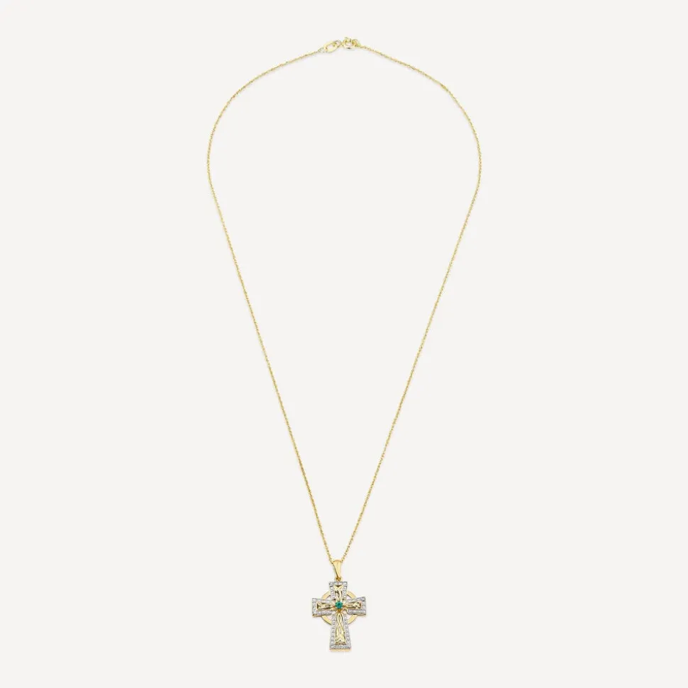 14ct Yellow Gold Diamond & Emerald Celtic Cross Pendant