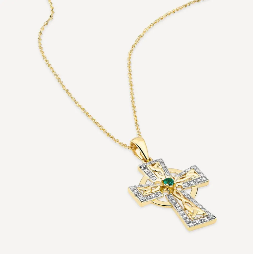 14ct Yellow Gold Diamond & Emerald Celtic Cross Pendant