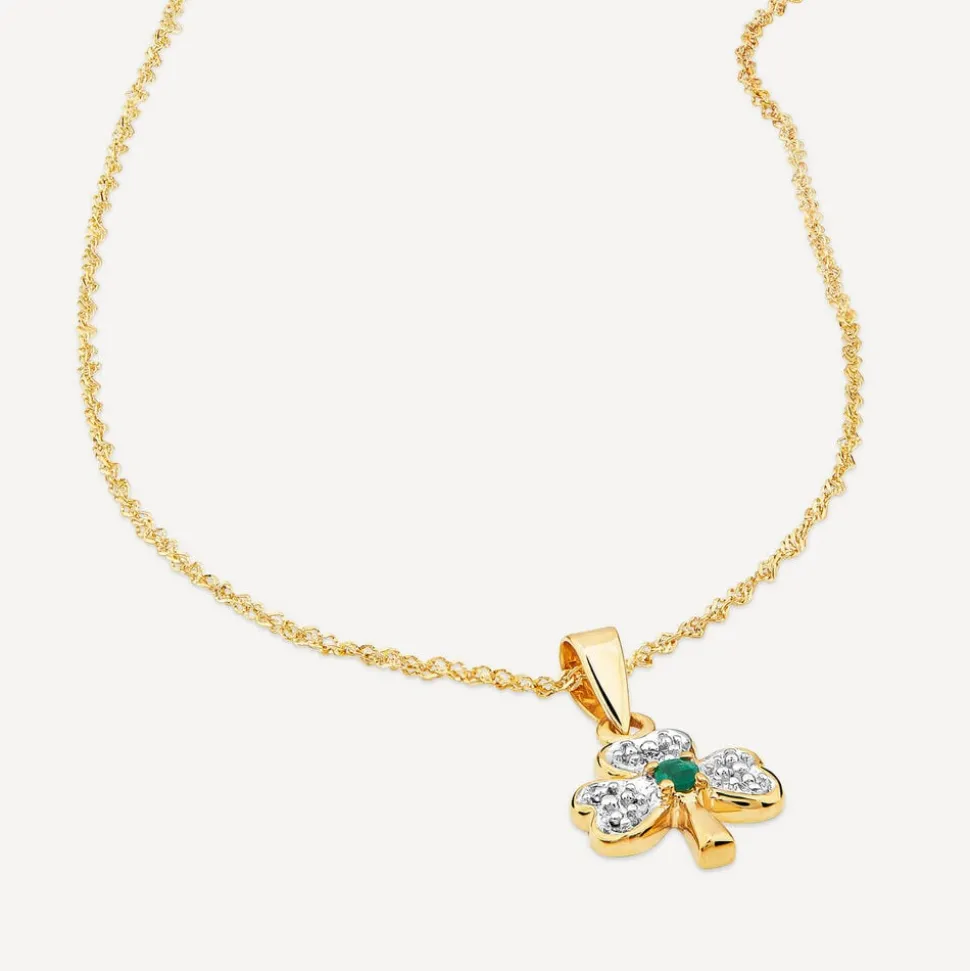14ct Yellow Gold Diamond & Emerald Shamrock Pendant