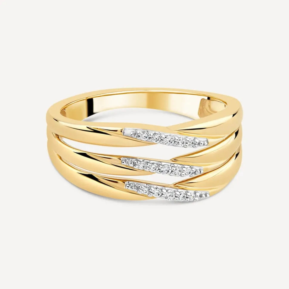 9ct Yellow Gold Diamond Three Rows Ring
