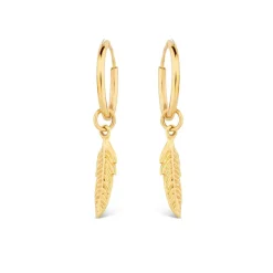 9ct Yellow Gold Feather Motif Small Hoop Earrings