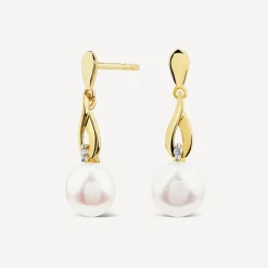 9ct Yellow Gold Freshwater Pearl & Diamond Set Drop Earrings