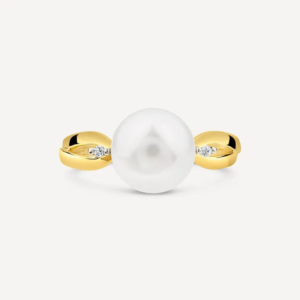 9ct Yellow Gold Freshwater Pearl & 0.015ct Diamond Open Shoulders Ring