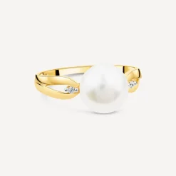 9ct Yellow Gold Freshwater Pearl & 0.015ct Diamond Open Shoulders Ring