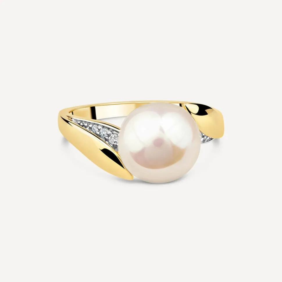 9ct Yellow Gold Freshwater Pearl 0.04ct Diamond Set Twist Shoulders Ring