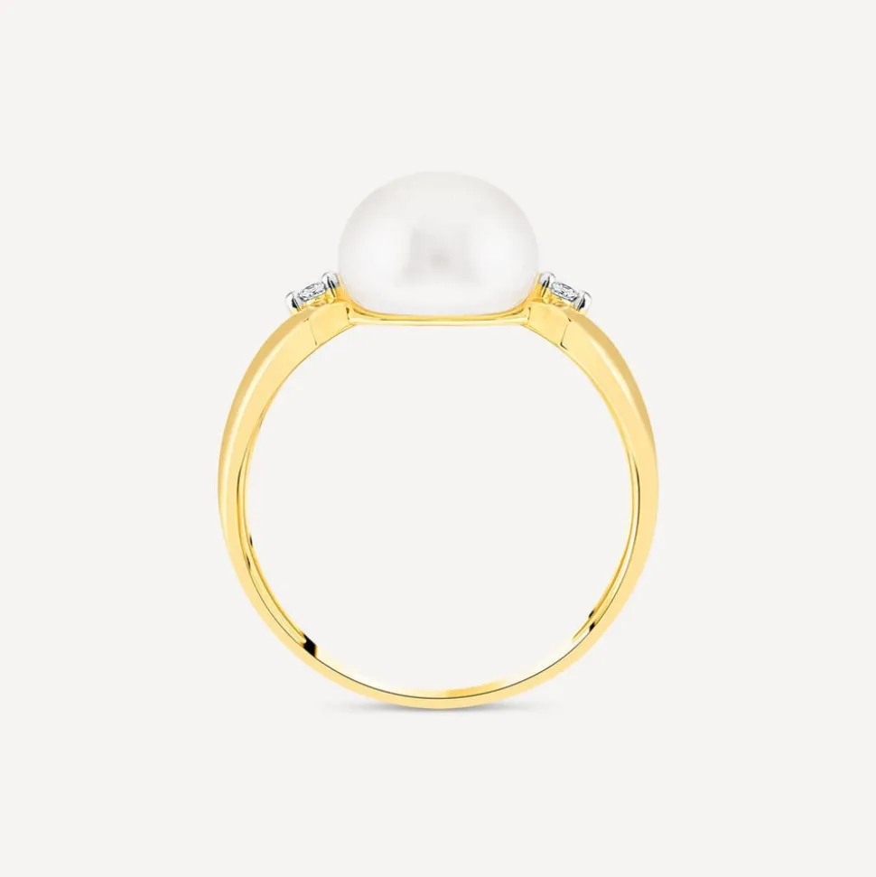 9ct Yellow Gold Freshwater Pearl & 0.015ct Diamond Open Shoulders Ring