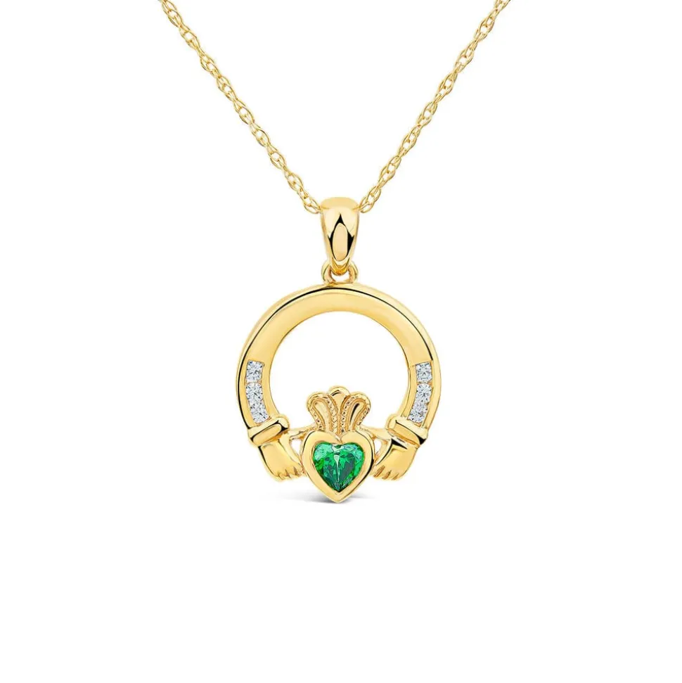 9ct Yellow Gold Green Cubic Zirconia Heart Claddagh Pendant