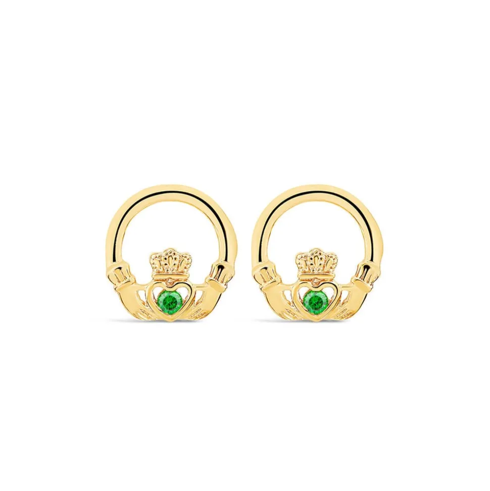 9ct Yellow Gold Green Cubic Zirconia Claddagh Stud Earrings