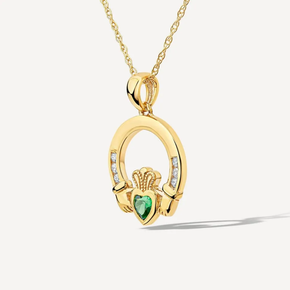 9ct Yellow Gold Green Cubic Zirconia Heart Claddagh Pendant