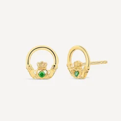 9ct Yellow Gold Green Cubic Zirconia Claddagh Stud Earrings