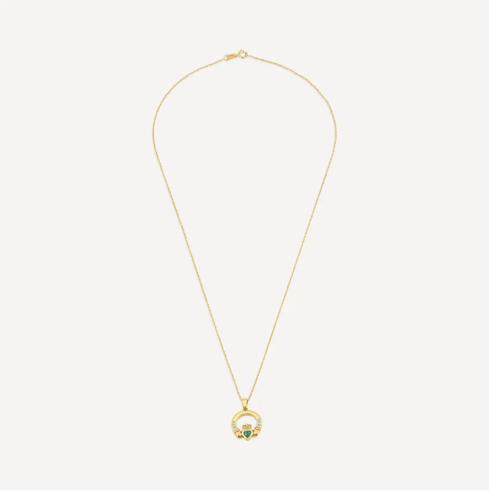 9ct Yellow Gold Green Cubic Zirconia Heart Claddagh Pendant