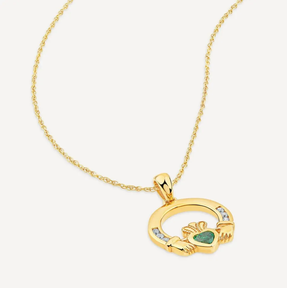 9ct Yellow Gold Green Cubic Zirconia Heart Claddagh Pendant
