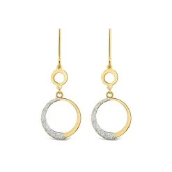 9ct Yellow Gold Half Glitter& Polished Round Disc Circle Drop Earrings