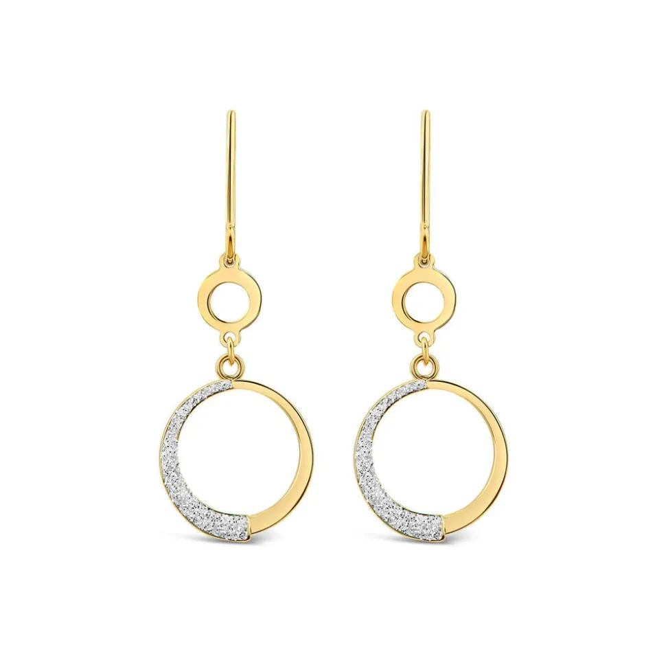 9ct Yellow Gold Half Glitter& Polished Round Disc Circle Drop Earrings