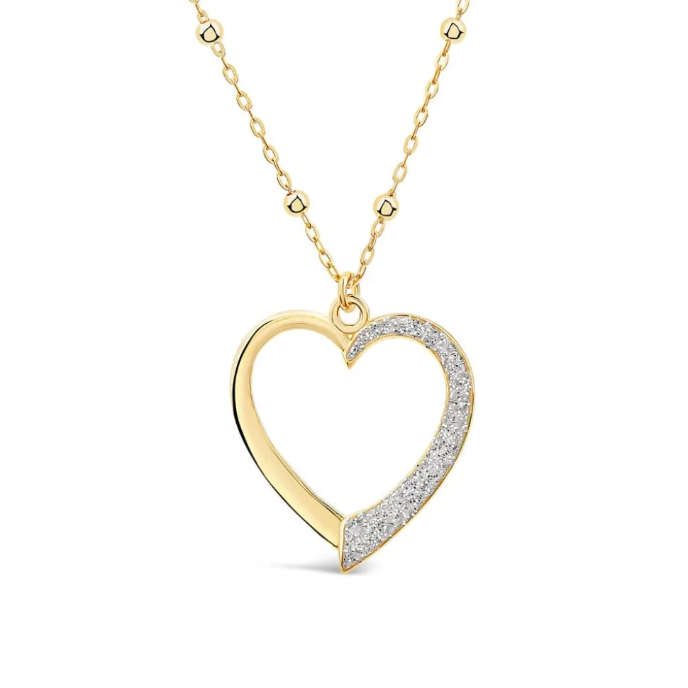 9ct Yellow Gold Half Glitter & & Polished Heart Bead Chain Necklet